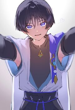 1boy belt black_belt black_bodysuit black_bow black_hair black_shorts blue_gemstone blue_sleeves blunt_ends bodysuit bow cape choppy_bangs clothing_cutout eyeliner eyeshadow feathers female_pov foreshortening furisode gem genshin_impact gold heart highres hip_vent japanese_clothes juban kabedon_on_viewer kimono layered_sleeves light_blush looking_at_viewer makeup male_focus mandarin_collar nero_hanken open_clothes open_kimono open_mouth pom_pom_(clothes) pov print_kimono purple_cape purple_eyes purple_sash red_eyeliner red_eyeshadow sash scaramouche_(genshin_impact) short_sleeves shorts smile solo straight-on teeth upper_body upper_teeth_only vision_(genshin_impact) wanderer_(genshin_impact) white_background white_kimono white_sleeves yellow_feathers
