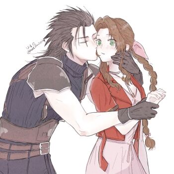 Rule 34 | 1boy, 1girl, aerith gainsborough, belt, belt buckle, black gloves, black hair, blush, braid, braided ponytail, buckle, commentary, couple, dress, final fantasy, final fantasy vii, final fantasy vii remake, gloves, green eyes, hair ribbon, hair slicked back, hand on another's cheek, hand on another's face, hatidoricrisp, hetero, jacket, kiss, kissing cheek, long hair, multiple belts, open clothes, open jacket, parted bangs, pink dress, pink ribbon, ponytail, red jacket, ribbed sweater, ribbon, sleeveless, sleeveless turtleneck, spiked hair, sweater, symbol-only commentary, turtleneck, turtleneck sweater, twitter username, upper body, white background, zack fair