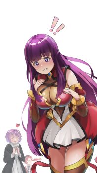 1boy 2girls black_hair blood blush breasts character_request closed_eyes copyright_request cosplay fern_(sousou_no_frieren) heart highres interlocked_fingers large_breasts long_hair multicolored_hair multiple_girls nosebleed open_mouth purple_eyes purple_hair red_hair short_hair sousou_no_frieren stark_(sousou_no_frieren) teeth tinkst two-tone_hair