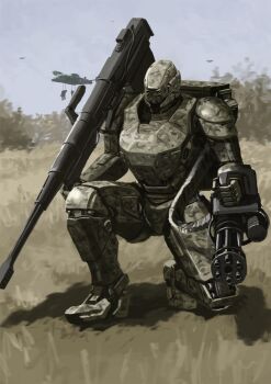 aircraft ammunition_belt camouflage cannon field gatling_gun gun helicopter highres holding holding_cannon holding_gun holding_weapon kneeling mecha military minigun original outdoors robot science_fiction shoulder_cannon tyokugekidato weapon woodland_camouflage
