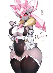 1girl black_dress black_thighhighs breasts chest_jewel colored_sclera colored_skin crystal_hair diamond_(shape) diancie dress ear_piercing earrings fang frills gen_6_pokemon grey_skin hand_up heart highres huge_breasts jewelry legendary_pokemon long_ears long_hair looking_at_viewer mythical_pokemon navel nintendo piercing pink_eyes pink_hair pokemon pokemon_(creature) red_sclera sideboob smile thick_thighs thighhighs thighs togetoge twintails underboob white_dress wide_hips