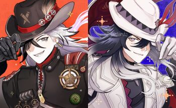 2boys ashveil_(honkai:_star_rail) badge black_hair boothill_(honkai:_star_rail) bright_pupils commentary_request cowboy_hat earrings fedora gloves gradient_hair grey_eyes hair_between_eyes hand_on_headwear hat hat_ornament highres honkai:_star_rail honkai_(series) jacket jewelry kyuui_(kyuuiharuto) long_hair male_focus multicolored_hair multiple_boys open_clothes open_jacket red_pupils sharp_teeth single_earring smile streaked_hair symbol-shaped_pupils teeth turtleneck white_hair white_pupils zipper