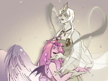 Rule 34 | 2girls, angel, angel wings, colored skin, cookie run, cookie run: kingdom, demon wings, eternal sugar cookie, hair bun, halo, highres, jugenxiannu196, multiple girls, mystic flour cookie, pale skin, pink eyes, pink hair, pink skin, robe, white hair, white robe, wings