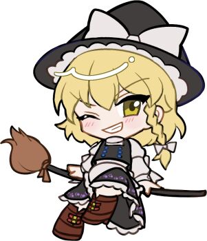 1girl apron black_hat black_skirt black_vest blonde_hair blush boots bow braid broom broom_riding brown_boots buttons chibi chibi_only double-breasted frilled_apron frilled_skirt frills full_body grin hair_bow hat hat_bow kirisame_marisa long_hair looking_at_viewer mirei_(miirei) one_eye_closed shirt short_sleeves simple_background single_braid sitting skirt skirt_set smile solo touhou transparent_background v-shaped_eyebrows vest waist_apron white_apron white_bow white_shirt witch_hat yellow_eyes