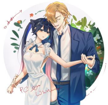 1boy 1girl apron blonde_hair blue_eyes blue_jacket blue_necktie blue_pants collared_shirt degrees_of_lewdity hair_over_one_eye hashtag-only_commentary jacket long_hair necktie open_clothes open_jacket open_mouth pants player_character_(degrees_of_lewdity) player_character_(female)_(degrees_of_lewdity) shirt short_hair signature twintails utu310 white_apron white_shirt whitney_(degrees_of_lewdity) whitney_(male)_(degrees_of_lewdity)