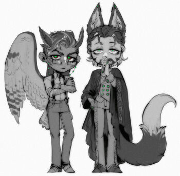 2boys absurdres animal_ears bags_under_eyes beard bird_boy bird_wings blackberreh-art commentary dark_skin deformed design_speculation earrings elias_bouchard english_commentary eyeball_earrings eyelashes facial_hair fox_boy fox_ears fox_tail green_pupils highres jewelry jonathan_sims male_focus mole multicolored_hair multiple_boys owl_boy owl_ears shirt short_hair tail the_magnus_archives two-tone_hair wings