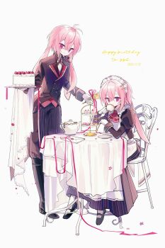 2boys ahoge alternate_costume animal_ears ansel_(arknights) ansel_(nighttime_cafe)_(arknights) apron arknights ascot baoshi_xiao_niao bell black_boots black_coat black_dress black_pants boots buttons cake clone coat commentary crossdressing cup dated double-breasted dress drinking enmaided food frown full_body gloves hand_up highres holding holding_bell holding_cup holding_tray knee_boots letter long_sleeves looking_at_viewer lop_rabbit_ears maid maid_headdress male_focus multiple_boys pants pink_hair pink_ribbon rabbit_ears red_ascot red_eyes ribbon saucer short_hair simple_background sitting smile striped_clothes striped_dress striped_pants symbol-only_commentary table tablecloth teacup teapot tiered_tray tray vertical-striped_clothes vertical-striped_dress vertical-striped_pants waist_apron white_apron white_background white_gloves