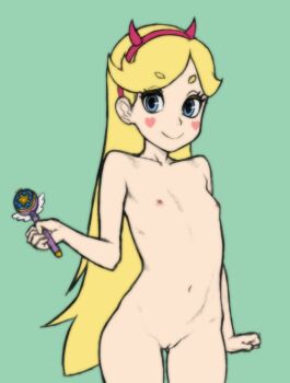 1girl blonde_hair blue_eyes bluesalm0n breasts cleft_of_venus disney facial_mark fake_horns female_focus green_background hair_ornament hairband heart highres holding holding_wand horns loli long_hair looking_at_viewer navel nipples nude pussy simple_background small_breasts smile solo standing star_butterfly star_vs_the_forces_of_evil uncensored wand