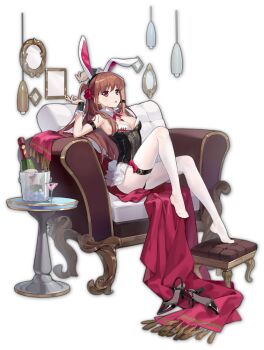 Rule 34 | atarashi ako, black leotard, brown eyes, brown hair, couch, footstool, frills, hair ornament, high heels, highres, leaning back, leotard, looking at viewer, mahjong soul, official alternate costume, official art, on couch, pantyhose, rabbit hair ornament, rabbit tail, saki, saki (manga), saki achiga-hen, tail