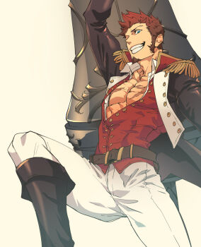 Rule 34 | 1boy, adam's apple, arm up, black boots, blue eyes, boots, brown hair, commentary request, epaulettes, facial hair, facial scar, fate/grand order, fate (series), goatee, grin, highres, kokujin youhei, long sideburns, male focus, muscular, muscular male, napoleon bonaparte (fate), pants, pectoral cleavage, pectorals, red shirt, scar, scar on cheek, scar on face, shirt, short hair, sideburns, simple background, smile, solo, white background, white pants