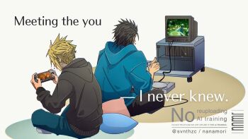 2boys alternate_costume black_hair black_hoodie blonde_hair blue_hoodie blue_pants casual cloud_strife commentary_request controller crisis_core:_final_fantasy_vii crt english_text final_fantasy final_fantasy_vii from_behind full_body game_console game_controller handheld_game_console highres holding holding_controller holding_game_controller holding_handheld_game_console hood hood_down hoodie indian_style lifestream multiple_boys nanamori_(svnthzc) pants pillow playing_games playing_video_games playstation_1 playstation_portable sitting spiked_hair television tifa_lockhart twitter_username zack_fair