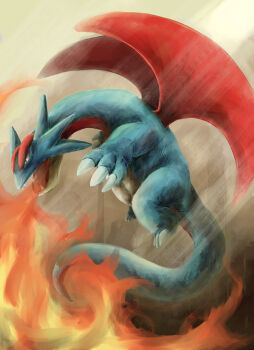 absurdres breath_weapon breathing_fire claws commentary_request dragon dragon_wings fire flying full_body gen_3_pokemon highres karura_(to-the-4483) nintendo no_humans open_mouth pokemon pokemon_(creature) pokemon_focus red_eyes salamence solo tail teeth wings