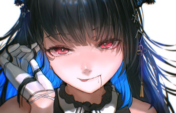 1girl absurdres advarcher black_hair blood blood_from_mouth blood_on_face blue_hair colored_inner_hair commentary_request gloves hair_ornament highres hololive hololive_english horns looking_at_viewer multicolored_hair nerissa_ravencroft pink_eyes simple_background solo tongue tongue_out virtual_youtuber white_background white_gloves