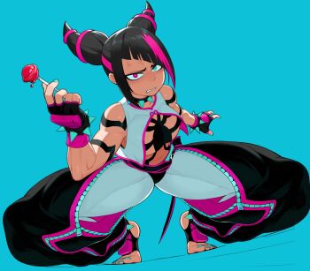 1girl anger_vein aqua_background aqua_eyes aqua_nails baggy_pants black_choker black_gloves black_hair black_pants bracelet breasts candy choker commentary cropped_shirt diagonal_bangs english_commentary fingerless_gloves food full_body gloves hair_horns han_juri heterochromia highres holding holding_candy holding_food holding_lollipop jewelry lollipop looking_at_viewer medium_breasts medium_hair multicolored_gloves multicolored_hair nail_polish pants pantyhose partially_unzipped pink_eyes pink_gloves pink_hair scowl shirt simple_background solo spiked_anklet spiked_bracelet spiked_choker spikes squatting stirrup_footwear streaked_hair street_fighter street_fighter_6 thick_thighs thighs tiptoes toenail_polish toenails toned toned_female tsurime two-tone_gloves two-tone_hair werfmight white_pantyhose white_shirt zipper