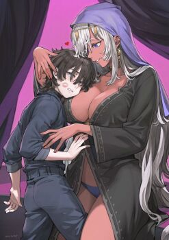 1boy 1girl age_difference between_breasts black_pants black_robe black_shirt blue_eyes blue_panties blush breasts brown_hair cleavage commentary commission cowboy_shot curtains dark-skinned_female dark_skin earrings embarrassed furrowed_brow hand_on_another&#039;s_head head_between_breasts heart height_difference hetero interracial jewelry jun_(navigavi) lady_magnolia_(trickstaboy) large_breasts lipstick_mark lipstick_mark_on_cheek lipstick_mark_on_face long_hair looking_at_another looking_to_the_side marshmallow_hell navigavi neck_ring oekakizuki onee-shota original panties pants parted_lips pink_background robe roy_(trickstaboy) shirt short_hair shorter_male shota signature size_difference skeb_commission sleeves_rolled_up standing taller_female underwear veil very_long_hair white_hair