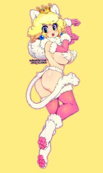 1girl :o absurdres animal_ears animal_hands ass blonde_hair blue_eyes breasts cat_paws elbow_gloves fake_animal_ears fake_tail from_behind full_body fur-trimmed_sleeves fur-trimmed_thighhighs fur_bikini fur_collar fur_trim gloves hands_up highres large_breasts looking_at_viewer mario_(series) nintendo open_mouth paw_pose pink_gloves pink_thighhighs princess_peach sideboob simple_background slugbox subscribestar_username super_mario_3d_world tail teeth thighhighs twisted_torso underboob upper_teeth_only yellow_background