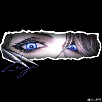 1girl absurdres black_background blue_eyes character_signature chinese_commentary claws commentary eye_focus grey_hair hair_over_one_eye highres looking_at_viewer path_to_nowhere simple_background solo watermark weibo_username weibo_watermark yu_zhezhe zoya_(path_to_nowhere)