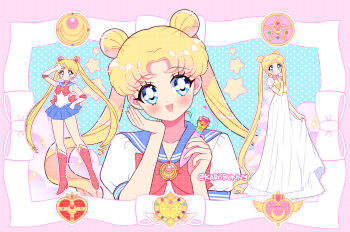 back_bow bishoujo_senshi_sailor_moon bishoujo_senshi_sailor_moon_(first_season) blonde_hair blue_eyes blue_sailor_collar bow choker cosmic_heart_compact crescent crescent_facial_mark crisis_moon_compact crystal_star_(sailor_moon) disguise_pen_(sailor_moon) double_bun dress earrings elbow_gloves facial_mark forehead_mark gloves hair_bun hair_ornament highres huge_bow jewelry juuban_middle_school_uniform karisbunny long_hair magical_girl multiple_persona princess_serenity red_bow red_choker sailor_collar sailor_moon sailor_senshi sailor_senshi_uniform school_uniform serafuku smile star_(symbol) strapless strapless_dress transformation_brooch_(sailor_moon) tsukino_usagi twintails v very_long_hair white_dress white_gloves