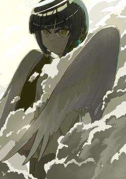 Rule 34 | 1girl, 9 (s2521), absurdres, angel, black hair, cloud, commentary request, hair ornament, halo, highres, long hair, looking at viewer, original, scenery, sky, wings