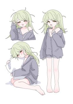 1girl absurdres barefoot blush bobok flat_chest full_body green_hair grey_shirt grey_shorts half-closed_eyes highres holding holding_pillow hugging_object long_hair long_sleeves looking_at_viewer messy_hair multiple_views off_shoulder open_mouth original oversized_clothes pajamas pillow pillow_hug shirt shorts simple_background sitting sleepy wariza white_background yellow_eyes