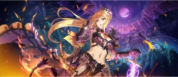 1girl armor armpit_crease bare_shoulders battlefield blonde_hair blue_eyes boobplate breastplate breasts cleavage clenched_hand cliff crotch_plate darkness_(konosuba) embers faulds floating_hair from_above full_moon game_cg gem glowing glowing_sword glowing_weapon gorget groin hair_ornament hand_on_hilt highres kono_subarashii_sekai_ni_shukufuku_wo! konosuba!_fantastic_days large_breasts linea_alba long_hair looking_to_the_side moon navel night official_alternate_costume official_art outdoors parted_lips pauldrons pelvic_curtain planted planted_sword planted_weapon ponytail purple_moon red_gemstone rerebrace shoulder_armor sidelocks single_pauldron solo stomach sword tears train_(clothing) vambraces very_long_hair weapon x_hair_ornament