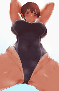 1girl arms_behind_head black_hair black_one-piece_swimsuit blue_background blush breasts butsu_menhou commentary_request covered_navel cowboy_shot curvy foreshortening gradient_background grey_eyes groin groin_tendon highleg highleg_one-piece_swimsuit hip_bones hip_dips huge_breasts legs_apart looking_at_viewer one-piece_swimsuit original parted_lips pixie_cut solo sweat swimsuit thick_thighs thighs toned toned_female very_sweaty