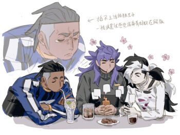 3boys alternate_costume arrow_(symbol) black_hair black_nails blue_jacket closed_eyes closed_mouth cookie drinking drinking_straw earrings facial_hair food glass holding jacket jewelry leon_(pokemon) long_hair long_sleeves male_focus molymes multiple_boys multiple_views nail_polish nintendo piers_(pokemon) plate pokemon pokemon_swsh raihan_(pokemon) rotom rotom_phone short_hair sweater translation_request undercut