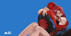 1boy 1girl bare_legs blue_background bodysuit closed_eyes couple long_hair marvel mary_jane_watson mask mugi_(mugit49) peter_parker red_hair simple_background smile spider-man_(series) spider_web_print superhero_costume