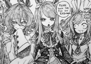 3girls absurdres agnes_digital_(super_express!_full_color_special)_(umamusume) agnes_digital_(umamusume) agnes_tachyon_(tach-nology)_(umamusume) agnes_tachyon_(umamusume) animal_ears bow chronozbergh dress hair_between_eyes highres horse_ears horse_girl lab_coat long_hair looking_at_another looking_at_viewer mejiro_mcqueen_(frontline_elegance)_(umamusume) mejiro_mcqueen_(umamusume) multiple_girls open_mouth short_hair sidelocks sleeves_past_fingers sleeves_past_wrists traditional_media two_side_up umamusume wolf_cut