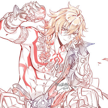 Rule 34 | 1boy, absurdres, arm tattoo, armlet, blonde hair, braid, chalice, chest tattoo, closed mouth, commentary request, cup, dated, facial tattoo, gold armlet, gold necklace, hand on own cheek, hand on own face, highres, holding, holding cup, honkai: star rail, honkai (series), jewelry, looking at viewer, male focus, medium hair, mydei (honkai: star rail), necklace, pouring, red tattoo, side braid, signature, simple background, sitting, smile, solo, tattoo, toned, toned male, upper body, white background, yellow eyes, yizhixiaopomao