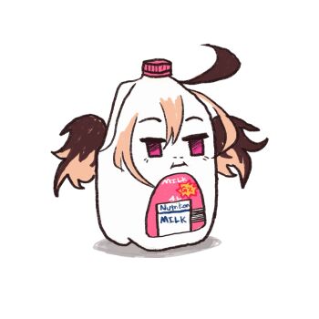 1girl barcode blonde_hair brown_hair buttingston closed_mouth drink_carton gigi_murin highres hololive hololive_english milk_carton multicolored_hair objectification pink_eyes simple_background solo two-tone_hair virtual_youtuber white_background