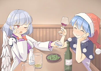 Rule 34 | 2girls, alcohol, angel wings, arnest, beans, beer mug, black capelet, blue hair, blush, bottle, bow, bowtie, braid, capelet, closed eyes, closed mouth, commentary request, commission, cup, doremy sweet, dress, drinking glass, facing another, feathered wings, grey hair, half up braid, hand on own cheek, hand on own face, hat, holding, holding cup, jacket, kishin sagume, long sleeves, looking at another, mug, multiple girls, nightcap, pom pom (clothes), purple dress, red bow, red bowtie, red eyes, red hat, single wing, skeb commission, smile, tokkuri, touhou, white jacket, white wings, wine, wine bottle, wine glass, wings