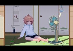 1girl animated barefoot bike_shorts blush bob_cut breath dithering drawstring electric_fan falling_leaves feet female_focus heavy_breathing hood hood_down hoodie jitome leaf light_brown_hair looping_animation on_floor original pixel_art red_eyes shade sitting sliding_doors solo sotie tatami toe_scrunch toes video white_hoodie wind_chime