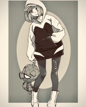Rule 34 | 1girl, baseball cap, boots, character doll, commentary, cross-laced clothes, cross-laced legwear, doll, greyscale, gwen stacy, hand in pocket, hashtag-only commentary, hat, hat under hood, highres, holding, holding stuffed toy, hood, hooded sweater, hoodie, kudou masashi, leggings, marvel, monochrome, short hair, sleeves past wrists, solo, spider-gwen, spider-ham, spider-man (series), stuffed animal, stuffed toy, sweater, two-sided hoodie