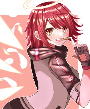 1girl :d arknights black_gloves blush bullet clothes_writing commentary exusiai_(arknights) finger_gun fingerless_gloves gloves halo highres kuwan4971 looking_at_viewer open_mouth orange_eyes outline penguin_logistics_logo red_hair short_hair smile solo traditional_halo upper_body white_halo white_outline yellow_halo