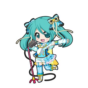 1girl :d aqua_eyes aqua_hair arm_warmers back_bow black_outline blue_bow blue_sailor_collar blue_shirt blue_thighhighs blush boots bow cable chibi chibi_only full_body game_asset garter_straps hair_between_eyes hair_bow hair_ribbon half-skirt hatsune_miku hatsune_miku_graphy_collection holding holding_microphone idol_clothes looking_at_viewer microphone microphone_stand necktie open_mouth outline outstretched_arm plaid_bow plaid_clothes plaid_shirt ribbon sailor_collar shirt short_shorts shorts shure_55sh smile solo standing standing_on_one_leg striped_clothes striped_thighhighs thighhighs transparent_background twintails vertical-striped_clothes vertical-striped_thighhighs vocaloid white_arm_warmers white_boots white_necktie white_ribbon white_shorts yellow_bow
