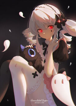 Rule 34 | 1girl, animal, animal on lap, asymmetrical legwear, backlighting, black background, black bow, black dress, black flower, black thighhighs, bloom, bow, bowtie, cat, closed mouth, dated, dress, drill hair, facial mark, feet out of frame, flower, frills, ghost, glowing, glowing eyes, grey hair, hair between eyes, hair flower, hair ornament, hairband, hand up, highres, knees up, long hair, looking at viewer, mark under eye, nail polish, on lap, petting, puffy short sleeves, puffy sleeves, red eyes, red nails, shatang405, short sleeves, sidelocks, simple background, sitting, solo, thighhighs, tlipoca, twin drills, twintails, white dress, white hair, white thighhighs, yog-sothoth's yard