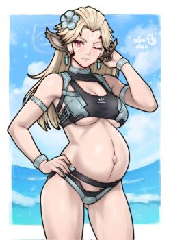 Rule 34 | 1girl, ;), artist name, bikini, black bikini, blonde hair, border, breasts, cleavage, cleavage cutout, clothing cutout, diving wear (xenoblade x), earrings, facial mark, female focus, flower, hair flower, hair ornament, highres, jewelry, linea nigra, long hair, medium breasts, navel, neilnail (xenoblade), ocean, one eye closed, pregnant, red eyes, rotomdocs, smile, solo, standing, stomach, swimsuit, underboob, white border, wink, xenoblade chronicles (series), xenoblade chronicles x