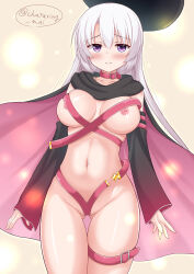 Rule 34 | 1girl, 3:, absurdres, arms at sides, ayachi nene, belt, belt bra, belt collar, black cloak, black hat, blush, breasts, breasts apart, chataring mai, cloak, closed mouth, collar, commentary, cowboy shot, curvy, detached sleeves, embarrassed, eyes visible through hair, floating clothes, gluteal fold, grey hair, groin, hair between eyes, hat, highres, large breasts, light particles, long hair, long sleeves, looking at viewer, midriff, navel, nipples, no pants, open belt, partially visible vulva, pink belt, pink cloak, purple eyes, raised eyebrows, sanoba witch, shiny skin, simple background, skindentation, solo, stomach, straight hair, thigh gap, thighs, tsurime, twitter username, two-tone cloak, unworn hat, unworn headwear, wide sleeves, yellow background