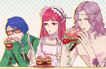 Rule 34 | 1girl, 2boys, arm tattoo, beard stubble, black-framed eyewear, blue hair, blunt bangs, burger, burger malfunction, choker, closed mouth, collared jacket, commentary request, dress, eating, facial hair, fingerless gloves, fingernails, food, fork, frilled choker, frilled dress, frilled hairband, frills, glasses, gloves, green eyes, green gloves, green jacket, grey hair, hair ribbon, hairband, half-closed eyes, hands up, height difference, holding, holding burger, holding food, holding fork, holding knife, jacket, knife, lolita fashion, lolita hairband, long hair, long sleeves, looking down, looking to the side, multiple boys, open mouth, orange-tinted eyewear, parted lips, persona, persona 3, plate, polka dot, polka dot background, rectangular eyewear, red eyes, red hair, ribbon, sakaki takaya, shirato jin, short hair, sidelocks, stubble, sunorsa, sweatdrop, table, tattoo, tinted eyewear, topless male, undercut, upper body, wavy hair, white background, white choker, white dress, white ribbon, yellow eyes, yoshino chidori