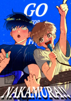 2boys absurdres black_hair black_shirt blue_background blush brown_eyes brown_hair commentary copyright_name da_haebit electric_guitar english_commentary ganbare!_nakamura-kun!! guitar highres hirose_aiki holding holding_guitar holding_instrument holding_plectrum instrument looking_at_another male_focus multiple_boys nakamura_okuto plectrum shirt short_hair simple_background sweat twitter_username white_shirt yaoi