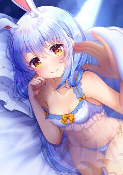 1girl animal_ears babydoll blue_hair bra breasts closed_mouth commentary_request highres hololive lying nanami_hitomi on_side orange_eyes panties rabbit_ears rabbit_girl see-through_babydoll see-through_clothes small_breasts smile solo underwear usada_pekora virtual_youtuber white_bra white_panties