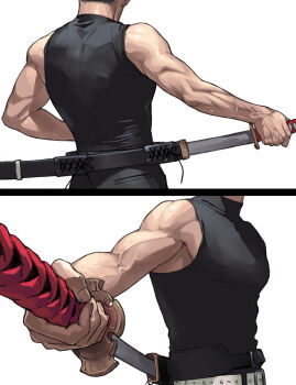 Rule 34 | 1boy, absurdres, belt, black pants, black tank top, commentary request, derivative work, highres, holding, holding sword, holding weapon, kikakubonko, muscular, muscular male, original, pants, scabbard, screenshot redraw, sheath, sword, tank top, veins, veiny arms, weapon, white belt