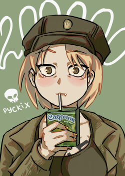 Rule 34 | 1girl, absurdres, army, blonde hair, blush, breast tattoo, breasts, collarbone, commentary, cup, drink carton, english commentary, fang, fingernails, green background, green jacket, hat, highres, holding, holding juice box, jacket, juice, juice box, kamiko5590, long sleeves, looking at viewer, marichka, mazepynka, medium breasts, military, military hat, military uniform, original, russo-ukrainian war, shiny skin, short hair, simple background, slit pupils, smile, solo, swastika, swastika tattoo, tattoo, tryzub, ukraine, ukrainian text, upper body