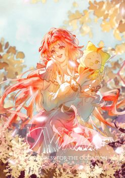 >_o 1girl absurdres ahoge animal arm_cutout autumn bare_shoulders belt black_belt black_bow blue_sky bow bowtie bra_strap brown_eyes bush cat character_name chinese_commentary cloak clothed_animal clothing_cutout cloud commentary_request cowboy_shot day ear_covers english_text eyelashes floating_clothes floating_hair frilled_shirt frilled_skirt frilled_sleeves frills hair_bow happy highres holding holding_animal holding_cat hood hood_up hooded_cloak infinity_nikki layered_skirt long_hair long_sleeves looking_at_viewer low_twintails miniskirt momo_(nikki) nikki_(nikki) nikki_(series) off-shoulder_shirt off_shoulder one_eye_closed open_mouth outdoors perfect_start_(infinity_nikki) pink_hair pink_skirt pleated_skirt puffy_long_sleeves puffy_sleeves qingmusaiwaizhao red_bow red_bowtie shirt skirt sky sleeve_bow sleeves_past_wrists smile standing teeth traditional_bowtie tree twintails upper_teeth_only very_long_hair wavy_hair whiskers white_cat white_shirt white_skirt wind yellow_cloak