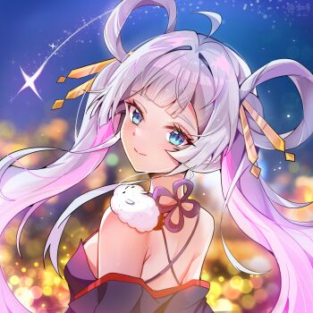 1girl absurdres ahoge bare_shoulders blue_eyes blurry breasts chinese_commentary cho_kaguya-hime! commentary_request hair_ornament hair_ribbon hair_rings hair_stick hedongjun highres japanese_clothes long_hair looking_at_viewer looking_back night off_shoulder ribbon runami_yachiyo sky smile solo star_(sky) star_sky starry_sky twintails upper_body