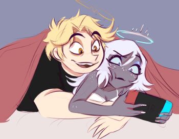 1boy 1girl abel_(hazbin_hotel) blanket blonde_hair blue_eyes bra breasts closed_mouth corrine_(cqraaa) dark-skinned_female dark_skin emily_(hazbin_hotel) handheld_game_console hazbin_hotel hellaverse highres holding holding_handheld_game_console long_hair lying medium_breasts nail_polish on_stomach short_hair short_sleeves underwear white_bra white_nails