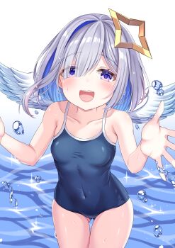 1girl absurdres amane_kanata aqua_wings bare_shoulders blue_hair blush breasts collarbone colored_inner_hair commentary_request competition_school_swimsuit esuorder feathered_wings gradient_wings grey_hair hair_between_eyes halo highres hololive looking_at_viewer multicolored_hair multicolored_wings navel open_mouth purple_eyes school_swimsuit simple_background small_breasts smile swimsuit teeth upper_teeth_only virtual_youtuber water wet white_background white_wings wings yellow_halo