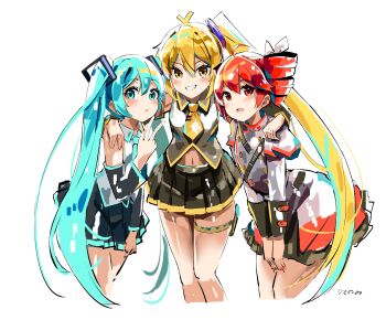 Rule 34 | 3girls, absurdres, ahoge, akita neru, antenna hair, belt, black belt, black skirt, black sleeves, blonde hair, blue eyes, blue hair, blue necktie, blush, bow, buttons, clothing cutout, collared shirt, detached sleeves, double-breasted, drill hair, grey jacket, grey shirt, grey skirt, grin, hair between eyes, hair bow, hair ribbon, hatsune miku, highres, jacket, kasane teto, kasane teto (sv), layered skirt, layered sleeves, leaning forward, long hair, long sleeves, miniskirt, mp777b, multiple girls, navel, navel cutout, necktie, open mouth, pleated skirt, red skirt, red trim, ribbon, shirt, short necktie, shoulder belt, side ponytail, simple background, skirt, skirt set, sleeveless, sleeveless shirt, smile, synthesizer v, thigh belt, thigh strap, triple baka (vocaloid), twin drills, twintails, utau, very long hair, vocaloid, white background, white bow, white ribbon, wing collar, yellow belt, yellow eyes, yellow necktie