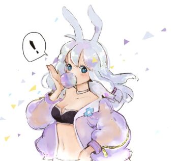 ! 1girl animal_ears bikini black_bikini blowing_bubble_gum blue_eyes breasts chewing_gum cleavage commentary_request gobaku_no_hito grey_hair jacket long_hair looking_at_viewer medium_breasts open_clothes open_jacket purple_jacket rabbit_ears ragnarok_masters ragnarok_online simple_background solo spoken_exclamation_mark swimsuit upper_body white_background